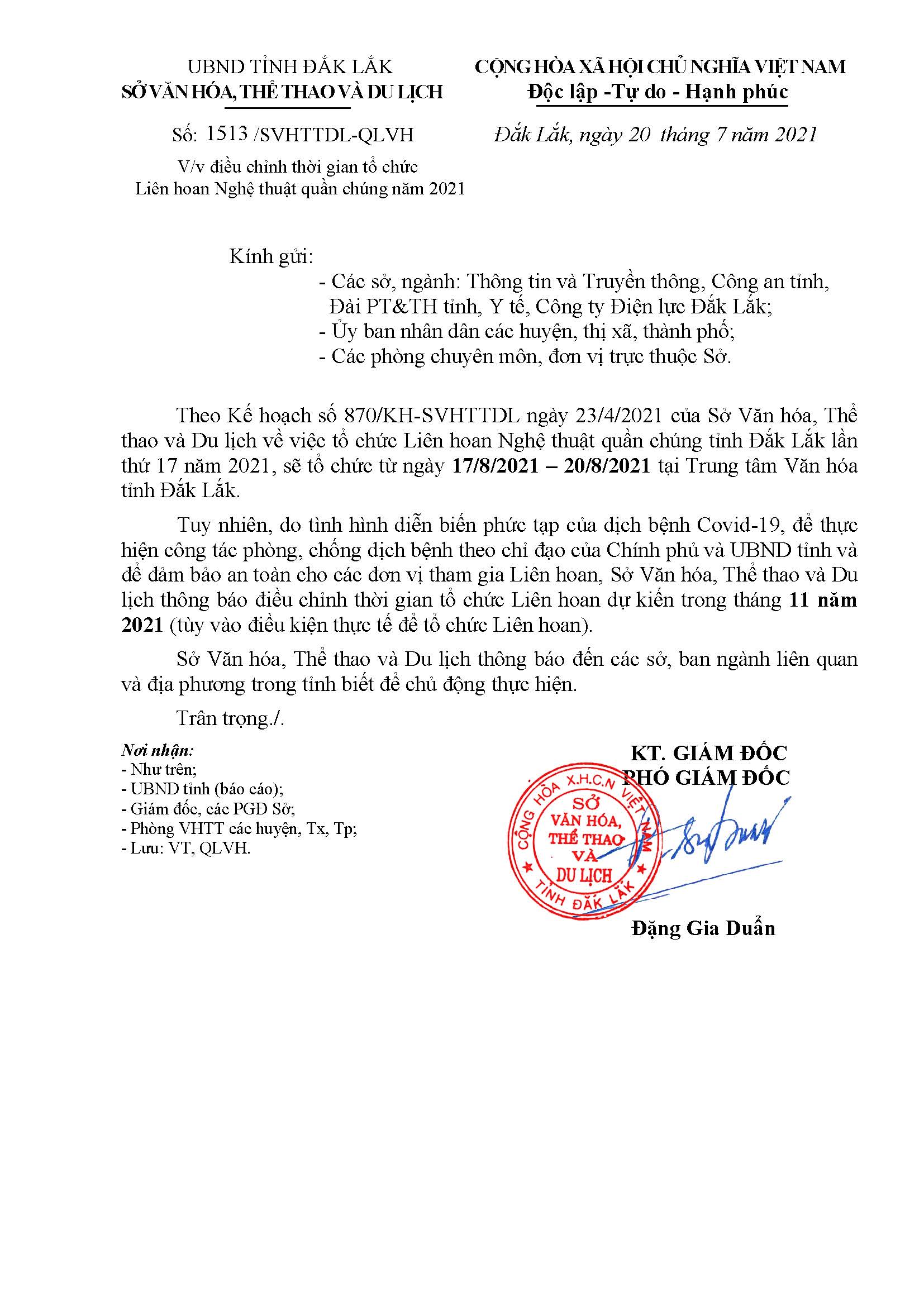 Điều chỉnh thời gian tổ chức Liên hoan Nghệ thuật quần chúng tỉnh Đắk Lắk năm 2021.
